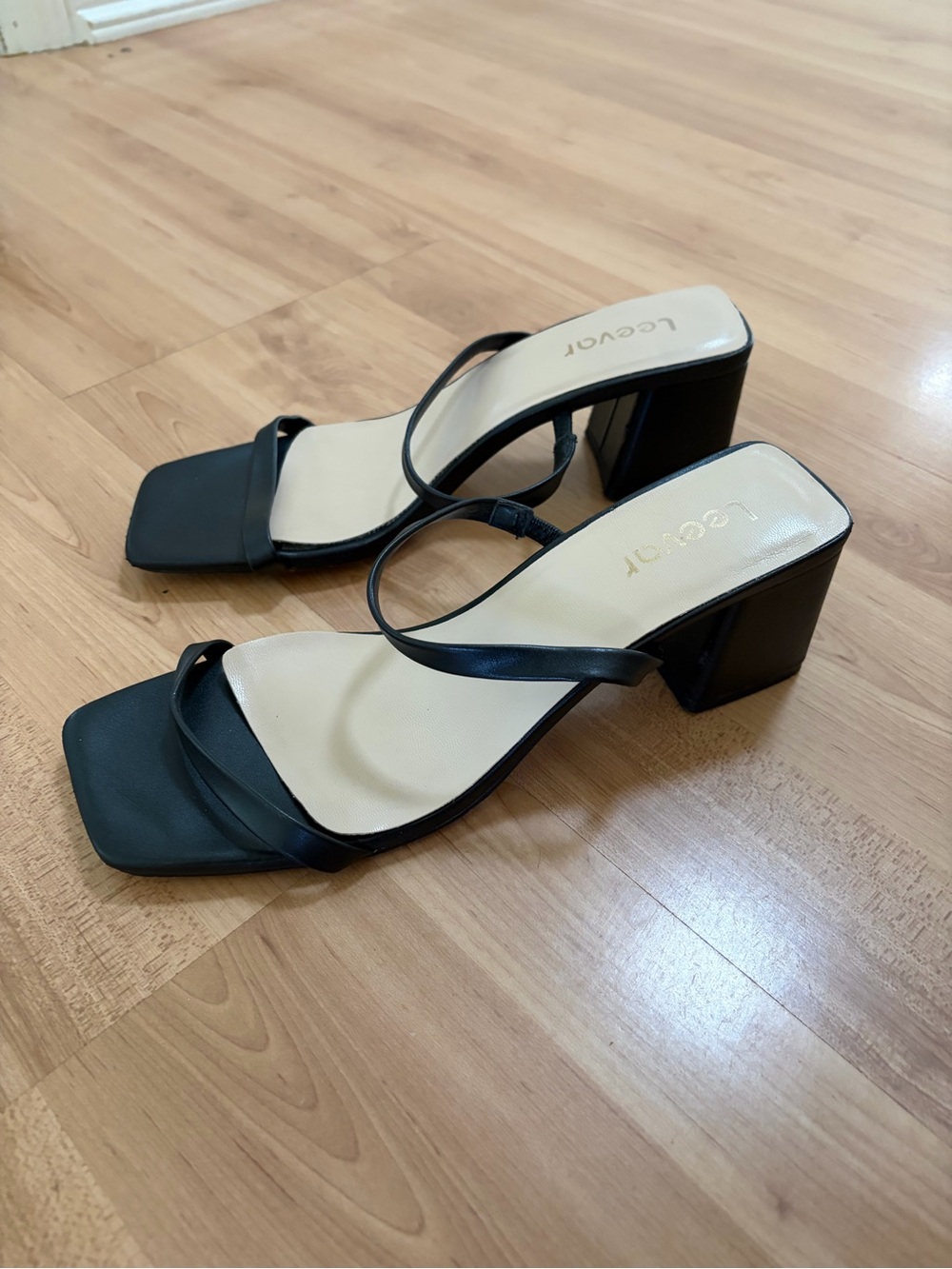 Black Strappy Square-Toe Block Heels